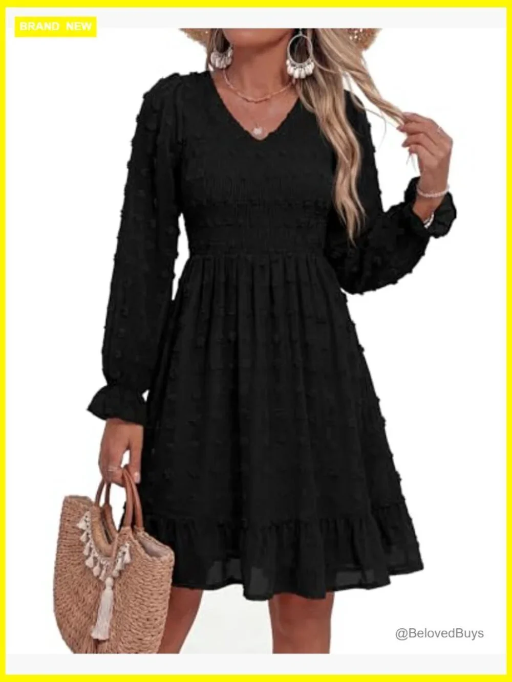 Long Sleeve V Neck Swiss Dot Smocked Ruffle Chiffon Flow Mini Dress